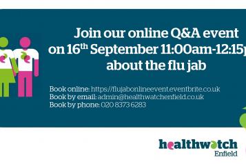 flu jab online event poster on the 16th september 11:00am - 12:15pm