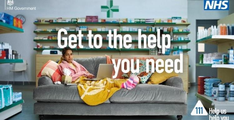 NHS Winter Wellness advert. Woman lying down on sofa, warm.