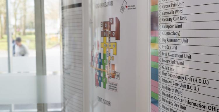 A wall chart with directions in a hospital
