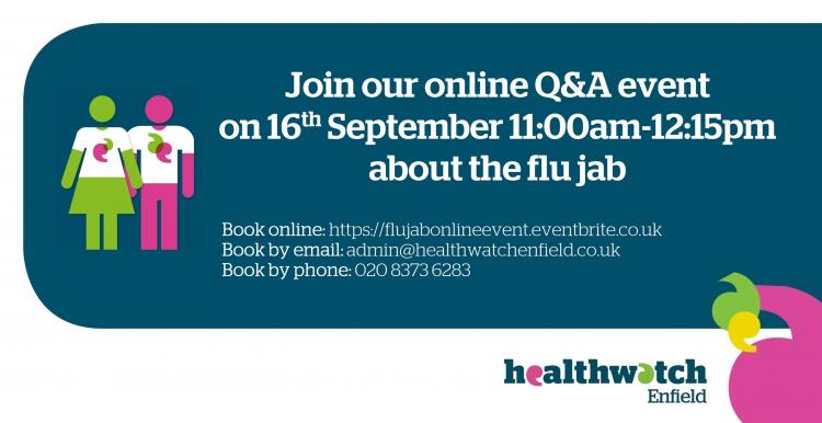 flu jab online event poster on the 16th september 11:00am - 12:15pm