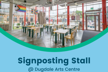 Advert for Signposting staff from Healthwatch Enfield. Picture of the Dugdale Arts Centre cafe.