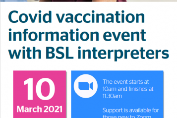 Healthwatch Islington BSL vaccine online event poster 10th March 10am - 11:30am